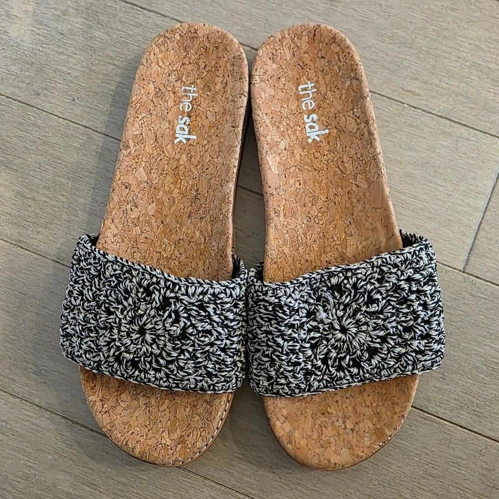 The Sak black & white crochet slides
